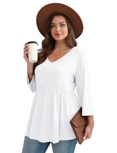 Image of OFEEFAN 3 /4 Length Sleeve Womens Tops 2026 Blouses for Women Dressy Casual Fashion Clothing V Neck Babydoll Tops Fall Outfits
