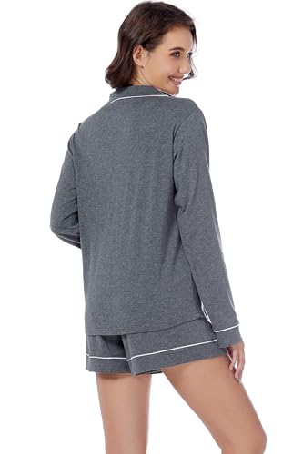 Image of LUBOT 100% Cotton Pajamas for Women 2PC PJ Set Womens Soft Long Sleeve Button-Down Shirt Two Piece Set Sleepwear Loungewear Night Suit (Dark Gray, 2XL)