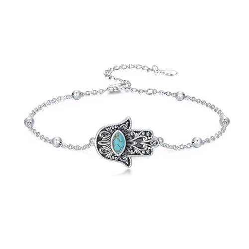 Real Turquoise Hamsa Bracelet 925 Sterling Silver Hand of Fatima Evil Eye Adjustable Link Bracelets Jewelry for Women
