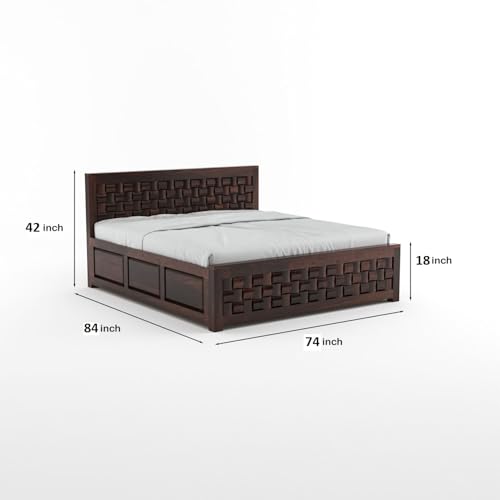 Image of Sheesham Wood King Size Bed with Storage Box | Wooden Box Bed King Size Double Cot Bed with Storage for Bedroom | Premium Niwar Design Headboard Bed for Hotel, Home | Walnut Finish