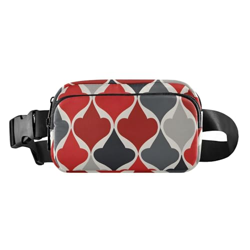 ALAZA ウエストバッグ 多機能ウエストポーチ レディース 延長ベルト付き 軽量 多ポケット 赤 灰色 幾何 ミニバッグ スポーツ ウォーキング ジョギング