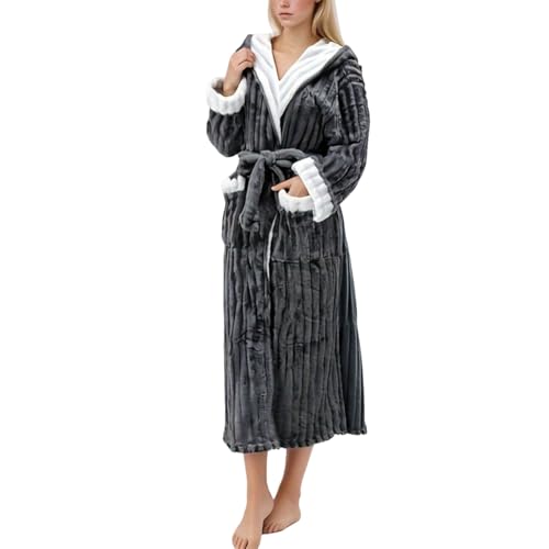 Hiseng Albornoz Mujer Bata Mujer Invierno Jacquard Rayas Batas de Casa de Polar Larga Suave y Grueso con Bolsillos y Cinturón Albornoz de Baño Unisex Cálido Ideal para Sauna Casa (Gris,M)