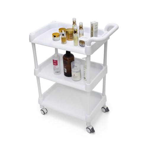 Facial Trolley ABS Beauty Salon 3 Layers Tray SPA Organizer Esthetician Rolling Cart with Wheels Large Storage ETTRO112(White)