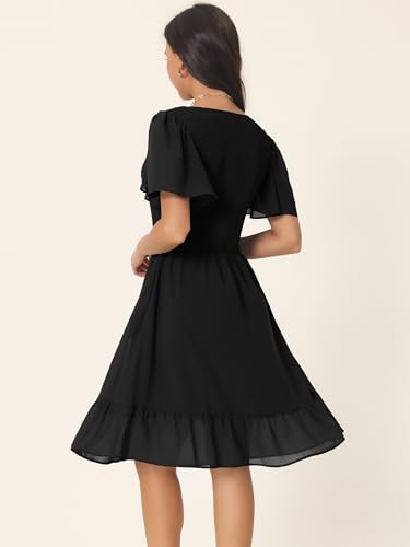 Image of Seta T Women's Summer Chiffon Dresses Smocked V Neck Flutter Short Sleeve Flowy Casual Dress with Pockets