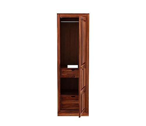 Image of Sheesham Wood Wooden Single Door Wardrobe Organizer for Clothes | - Solid Wood Almirah with 2 Drawers, 2 Shelves with Hanging Space - Cupboard for Large Bedroom (Design 3)