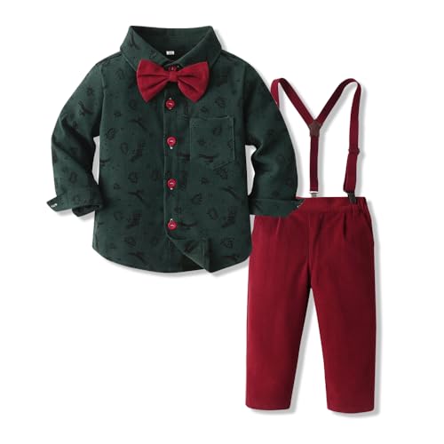 Image of Christmas Toddler Kids Boys Gentleman Clothing Sets Long Sleeve Cartoon Bowtie Shirts+Suspenders Pants Suits