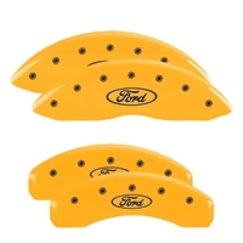 Image of MGP Brake Caliper Covers Compatible with 2013-2020 Ford Fusion (Requires 17 inch+ Wheels) Powder-Coated Finish, 4 PCS Front and Rear - Yellow, Ford Oval Logo Engraving