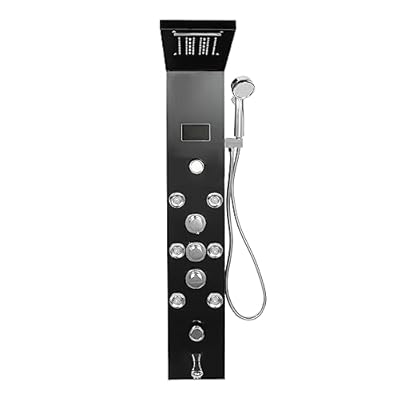 Shower Panel Tower System, 6-Function Faucet LED Rainfall Waterfall Shower Head + Handheld Sprayer + Shower Panel + Hose, Wall Mount, Black