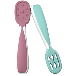 Cuchara bebe aprendizaje en 2 etapas para vajilla bebe-Juego de cubiertos bebe con 2 precucharas bebe blw de silicona-Recomendada por nutricionistas y Expertos Baby Led Weaning-Alimentacion autoguiada