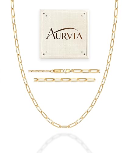 AURVIA 18K Gold Plated Paperclip Chain Necklace for Women 4mm Womens Gold Chain Necklaces for Women Adjustable Necklace 20 Inches Jewelry Gift