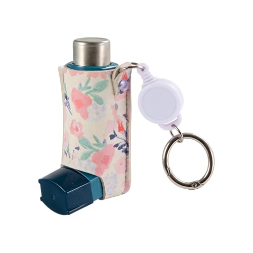 SHFGYG Asthma Inhaler Holder PU Leather Protective Mini Holster Inhaler Keychain Retractable Clip Portable Lightweight Inhaler Case Travel Handy Holder Only(Pink Flower)
