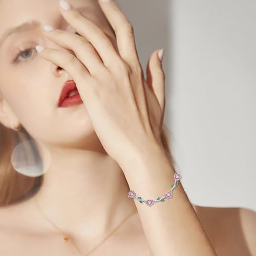 Image of Sunflower /Lily of Valley /Carnation /Camellia /Daisy /Peach Blossom /Rose /Tulip Bracelet 925 Sterling Silver Birth Flower Bracelet for Women Jewelry Gifts