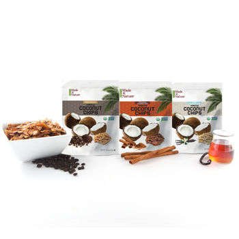 Made in Nature Organic Toasted Coconut Chip Variety Pack - Vietnamese Cinnamon Swirl (3-oz.), Italian Espresso (3-oz.), Maple Madagascar Vanilla (3-oz.)