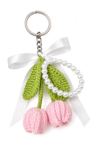 Image of Handmade Crochet Tulip Keychain with Pearl String - Cute Floral Bag Charm & Aesthetic Purse Pendant, Knitted Flower Keyring Accessory Gift for Girls & Women