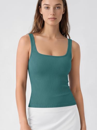 Image of ODODOS 3-Pack Seamless Square Neck Crop Tank for Women Ribbed Knit Soft Low Back Cropped Tops