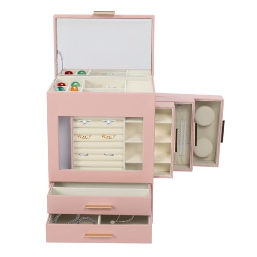 Fermoirper Joyero grande de 5 niveles para más de 48 collares y 36 pares de pendientes, joyero con espejo, idea de regalo, regalo para mujeres/amigos (rosa)
