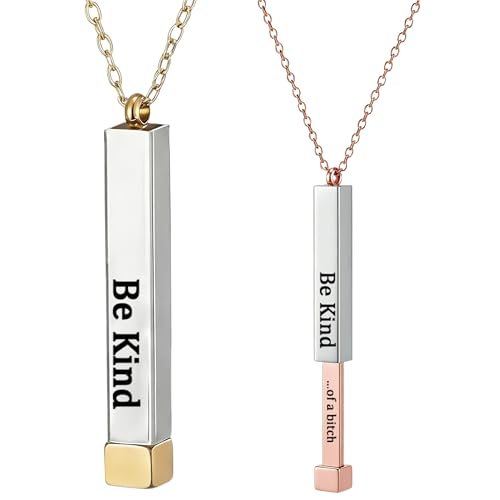 VLIEGEN Be Kind Of A B Necklaces, Square Tubes Pendant with Hidden Message Stainless Steel Band Friendship To Best Friends Sorority Sisters Inspirational Gift Jewelry for Women Girls, Stainless Steel,