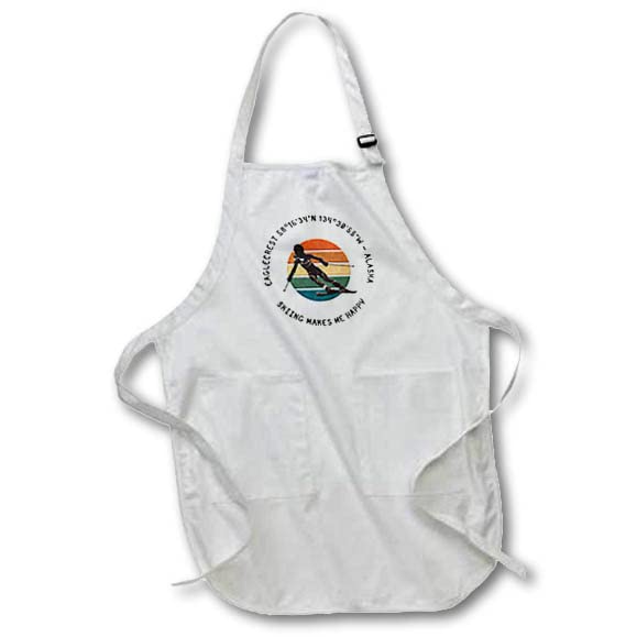 3dRose Eaglecrest, Alaska. Woman skier on white. Downhill skiing sport gift - Aprons (apr-374742)