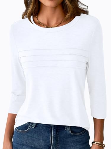 NORACORA Women's 3/4 Length Sleeve Tops Lightweight Crew Neck Dressy Pleated Tunic T Shirts Casual Summer Blouses 20252