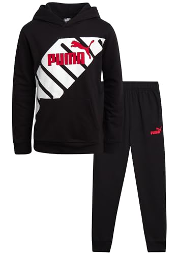 PUMA Conjunto deportivo para niño, 2 piezas, sudadera con capucha y pantalones deportivos para niños (8-16), Negro/Blanco, 10-12