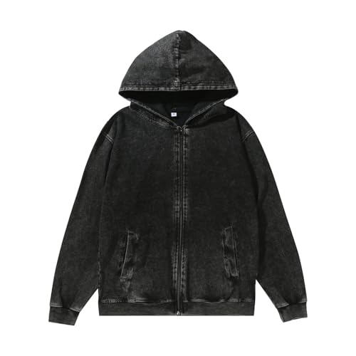 Mens Oversized Cotton Hooded Jacket Vintage Acid Wash Grunge Basic Zip Up Hoodie Distressed Baggy Long Sleeve Coat Black