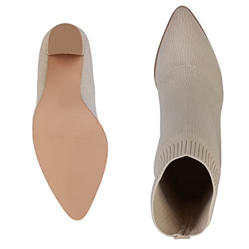 VAN HILL Damen Schlupfstiefeletten Stiefeletten Blockabsatz Schuhe Strick Boots Stiefel Spitze Absatzschuhe Booties Stoffschuhe 202663 Beige 40