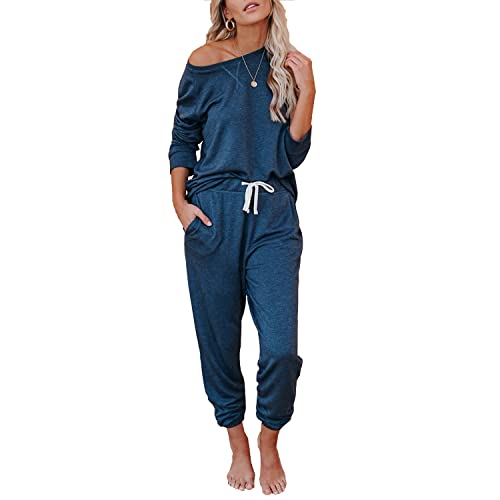 OCCIENTEC Pyjama Damen Zweiteilige Nachtwäsche Oberteil Lang Hose Schlafanzug Damen Trainingsanzug Pyjama Set Loungewear mit Taschen für Sport und Freizeit (Marine, XL) Cover