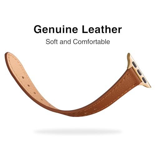 Image of STIROLL Slim Leather Bands Compatible with Apple Watch Band 49mm 46mm 45mm 44mm 42mm(Series 3 2 1), Top Grain Leather Watch Thin Wristband for iWatch Ultra SE Series 11 10 9 8 7 6 5 4(Brown Gold)