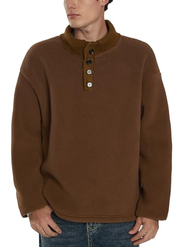 Mainfini Men's Fuzzy Sherpa Pullover Collared Button Fleece Sweater with Pockets (S-XXL)