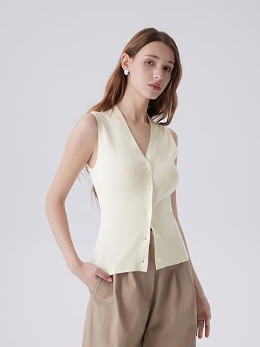 Image of SUUKSESS Women Sleeveless Sweater Tops Summer V Neck Button Down Vest Tops Business Casual Work Shirts