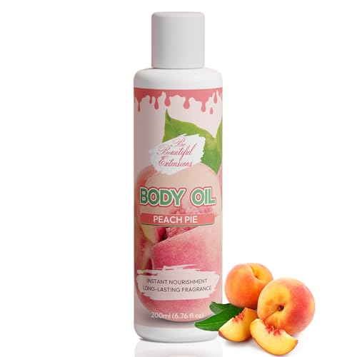 Image of Body oil designed for Deep Hydration to nourish, protect, and rejuvenate the skin while leaving it with a soft, radiant glow and a peach scent long -lasting fragrance jojoba oil and more 6.76oz