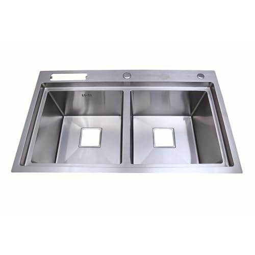 Image of CROCODILE 32x20 Inch 304 Grade Stainless Steel STEP Handmade Kitchen Sink | Double Bowl with Tap Provision, Heavy Duty, Anti-Rust, Sound-Dampening Sink for Modern Kitchens