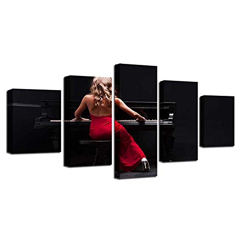 Toile intissée 5 pièces haut de gamme | Image sur verre effet tableau mural femme au piano