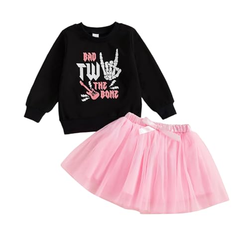 Bonangber 2nd Birthday Outfit Girl Baby Long Sleeve Bad Two The Bone Sweatshirt Mesh Tulle Skirt Cute Birthday Clothes 2Pcs (LC-Black 2-3T)
