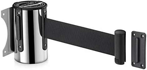 New Star Foodservice 1028843 16 Foot Stainless Steel Fixed Wall Mount Retractable Belt Barrier, Black Belt