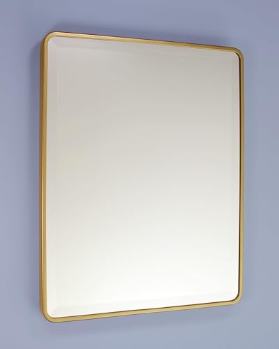 Image of 16x20 Austin Farmhouse Metal Framed Rounded Rectangle Recessed Bathroom Medicine Cabinet, Beveled Mirror, 14x18 in-Wall Opening, powder-coated Steel, Adjustable Glass Shelves, Magnet Close, Gold