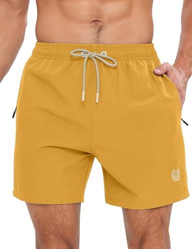 APTRO Mens Swim Shorts Quick-Dry Mesh Lining Summer Beach Shorts 4-Way Stretch Swim Trunks with Zipper Pockets Yellow M