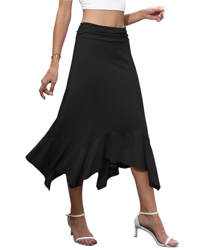 NILOUFO Women's Handkerchief Hemline Midi Skirt Summer Casual Flowy High Waisted Stretchy Skirts3