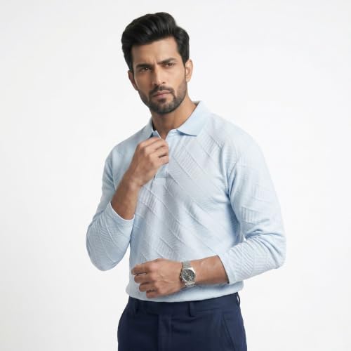 Image of BEAR THREAD Men's Polo T-Shirt | Linear Jacquard Full Sleeve Textured Knit Polo | Smart Casual Collared Stretch Fabric Tee | Stylish Everyday Wear for Men
