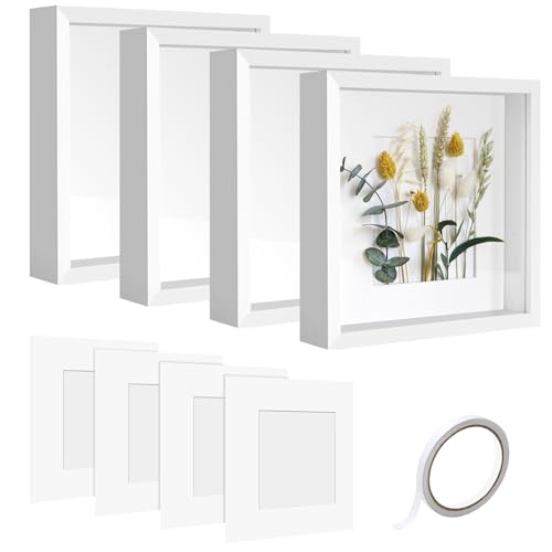 Fuyuleyo 4 Pack 3D Shadow Box Frame 8x8 Inch Deep Picture Frame, White Deep Box Frames Wooden Display Photo Frames with 4Pcs Photo Mounts, Square Shadow Boxes for Crafts Wedding Memories Flowers