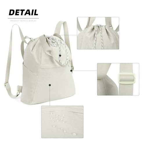 Valleycomfy Drawstring Backpack with Wet Pocket,Waterproof Drawstring Bag,Gym Backpack for Beach,Pool,Swim and Travel,Beige4