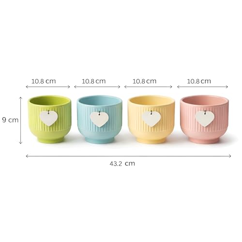 Image of Xtore Charming Pastel Ceramic Planter Set of 4 with Hanging Heart Accent | Ribbed Textured Indoor Pots for Succulents, Desk, Shelf & Home Decor (Pack of 4, Planters only)
