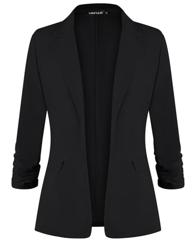 MINTLIMIT Womens Casual Blazer Open Front Pad Shoulder 3/4 Ruched Sleeve Office Appropriate (Black S)