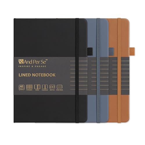 &And Per Se Lined Notebooks 3-Pack Gift Set, A5 Hardcover Journals, 160 Pages 100gsm Thick Paper, 3 Assorted Colors (Brown, Blue, Black)