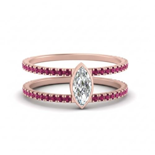 Image of Choose Your Gemstone Marquise Bezel Set Diamond CZ Band Rose Gold Plated Marquise Shape Split Shank Engagement Ring Lightweight Office Wear Everyday Gift Jewelry US Size 4 to 12