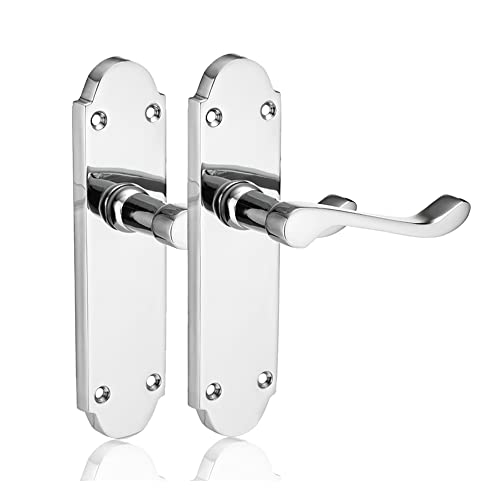 XFORT Chrome Elegance Range Polished Chrome Richmond Lever Latch Handles, Polished Chrome Long Backplate Door Handles, Contemporary Design for Internal Wooden Doors (1 Pair)