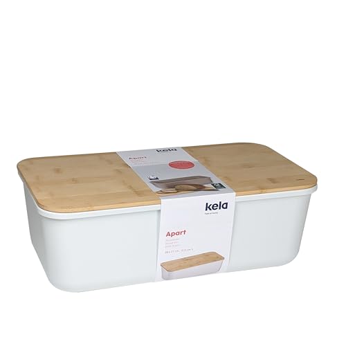 kela Brotkasten weiß mit Lüftungslöcher 38x21x12,5cm, FSC Bambusdeckel als Schneidebrett, Brotbox Kunststoff, APART, Brotaufbewahrungsbox