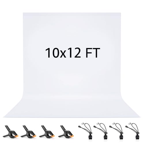 Vevelux,Fondo de fondo blanco de 3x3.6 m, 10x12 pies, 100% poliéster, con 4 abrazaderas de resorte y 4 clips de fondo antiarrugas, plegable, lavable, color blanco para estudio y grabación de vídeo
