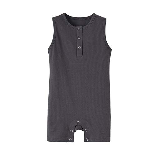 Teach Leanbh Baby Romper Cotton Sleeveless Button Down One Piece Linen Jumpsuit Coverall 3-24 Months (Dark Grey, 6-12 Months)