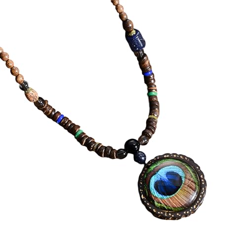 Collier hippie en argent 925 avec perles en bois et pompon style boho